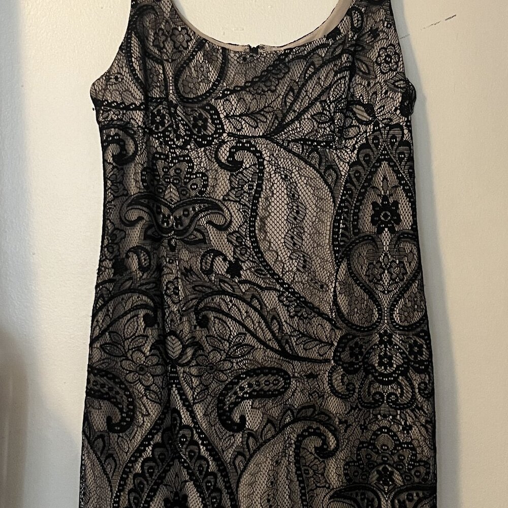 Fitted stretch nude dress with black lace overlay